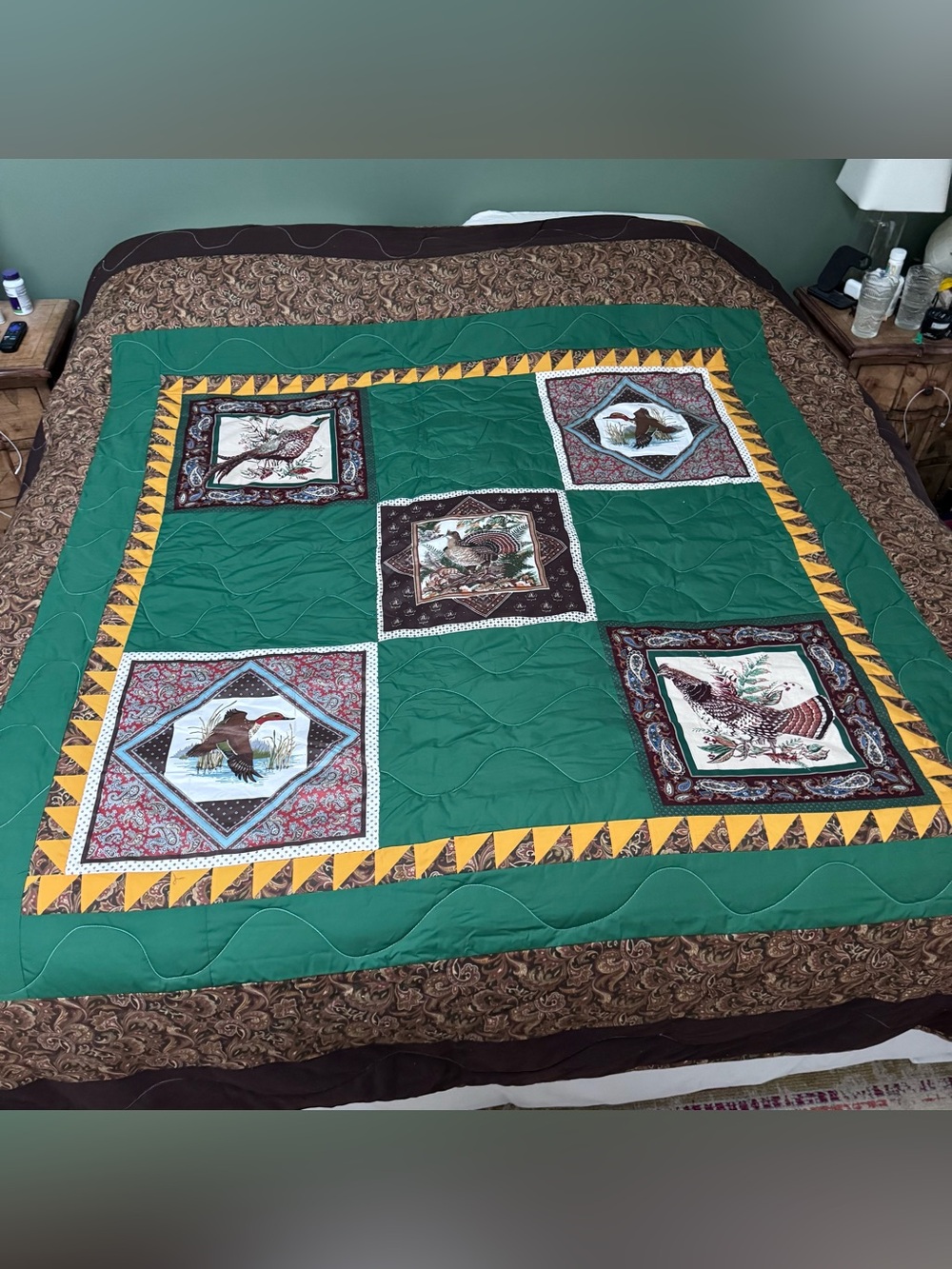 Green Patchwork Fowl bird Quilt with Yellow Accent Border - handmade